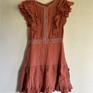 Ruffled Rust Dress with Lace Trim